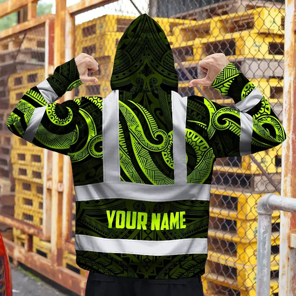 Hi Vis Hoodie Reflective Tapes Hawaiian Polynesian Tribal Custom Name Safety Workwear For Workers, Truckers, Operators