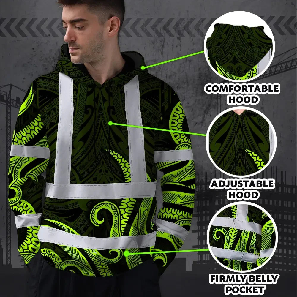 Hi Vis Hoodie Reflective Tapes Hawaiian Polynesian Tribal Custom Name Safety Workwear For Workers, Truckers, Operators