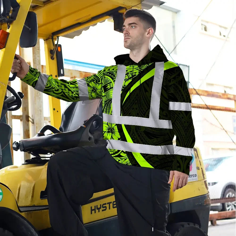 Hi Vis Hoodie Reflective Tapes Hawaiian Polynesian Tribal Custom Name Safety Workwear For Workers, Truckers, Operators