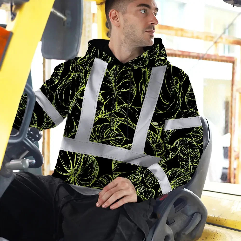 Hi Vis Hoodie Reflective Tapes Lime Neon Flowers Custom Name Safety Workwear For Workers, Truckers, Operators