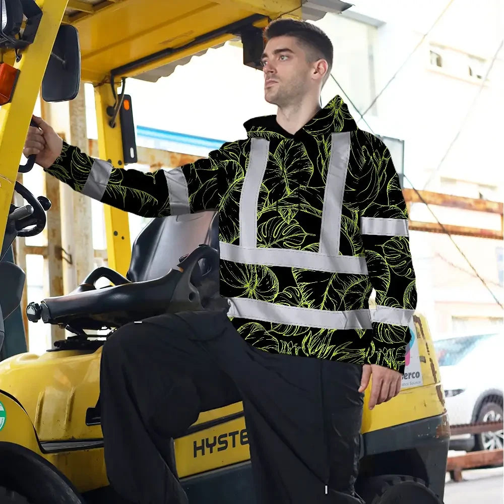 Hi Vis Hoodie Reflective Tapes Lime Neon Flowers Custom Name Safety Workwear For Workers, Truckers, Operators