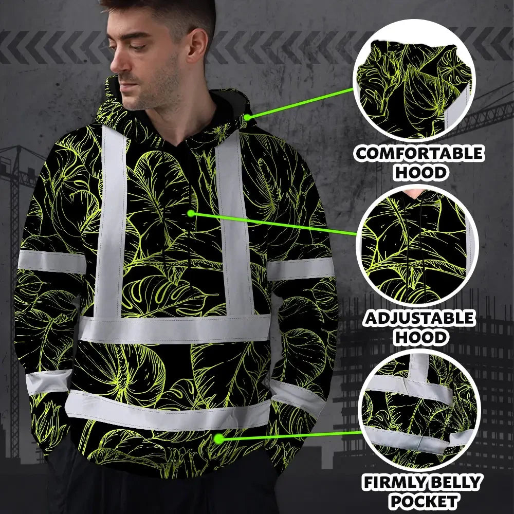 Hi Vis Hoodie Reflective Tapes Lime Neon Flowers Custom Name Safety Workwear For Workers, Truckers, Operators