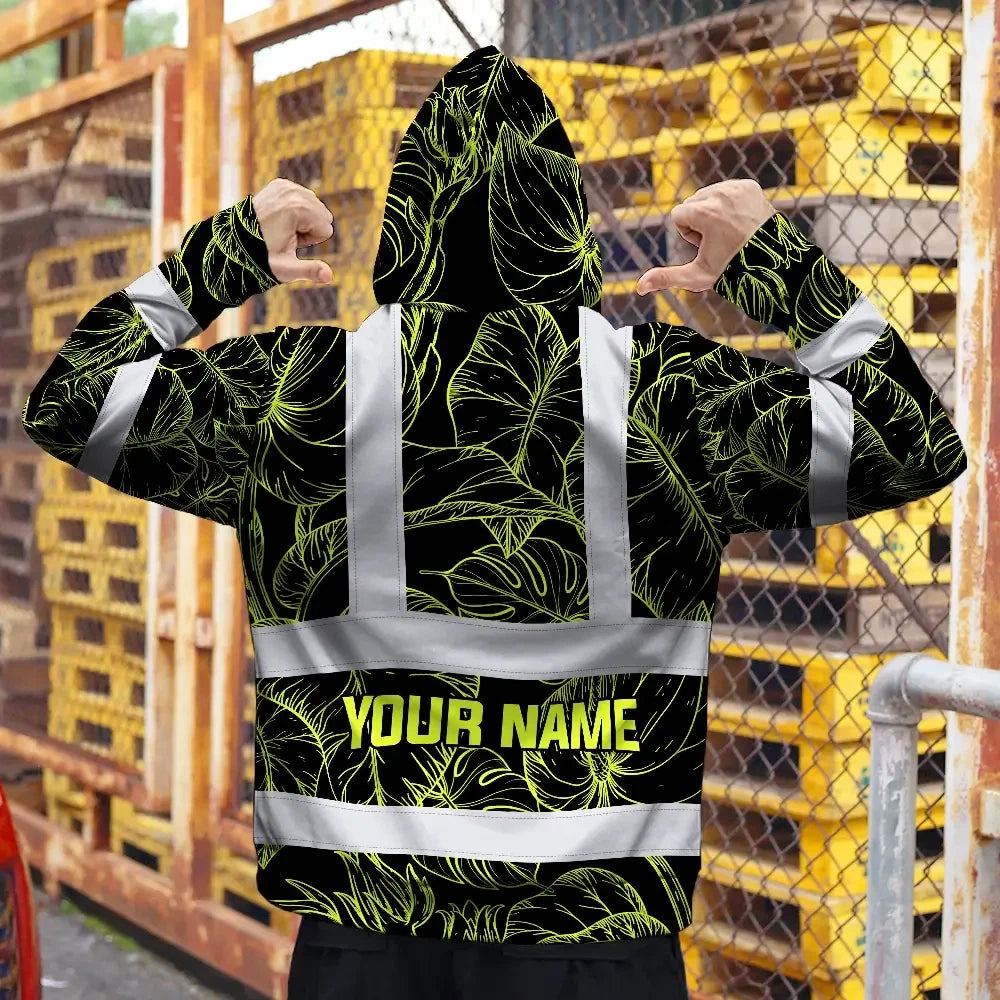 Hi Vis Hoodie Reflective Tapes Lime Neon Flowers Custom Name Safety Workwear For Workers, Truckers, Operators