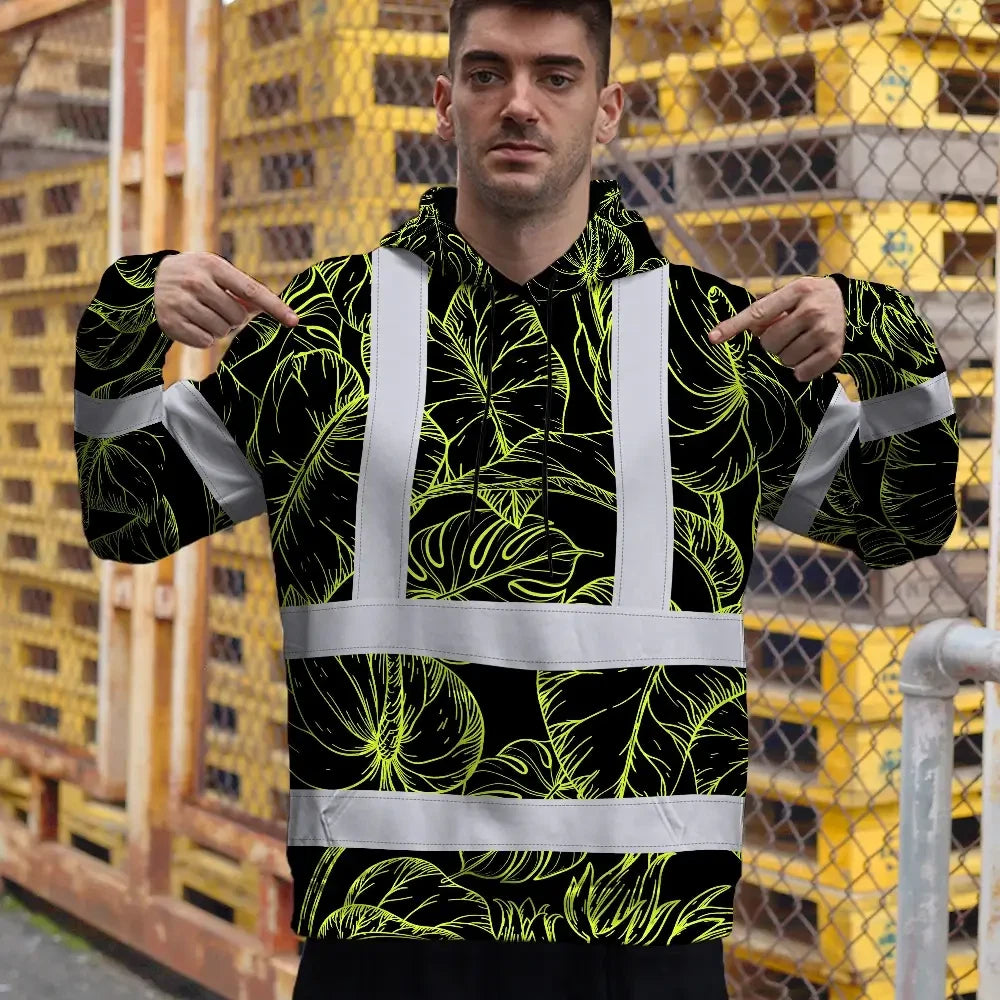 Hi Vis Hoodie Reflective Tapes Lime Neon Flowers Custom Name Safety Workwear For Workers, Truckers, Operators