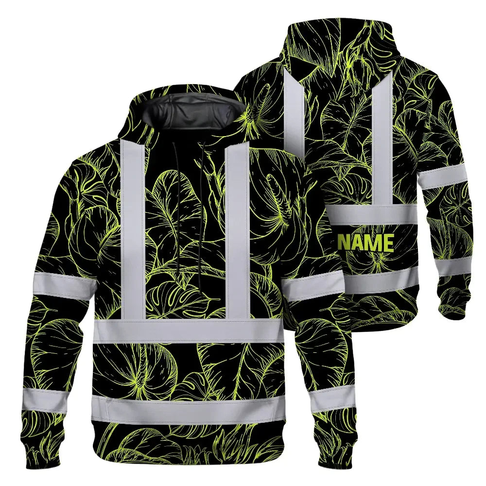 Hi Vis Hoodie Reflective Tapes Lime Neon Flowers Custom Name Safety Workwear For Workers, Truckers, Operators