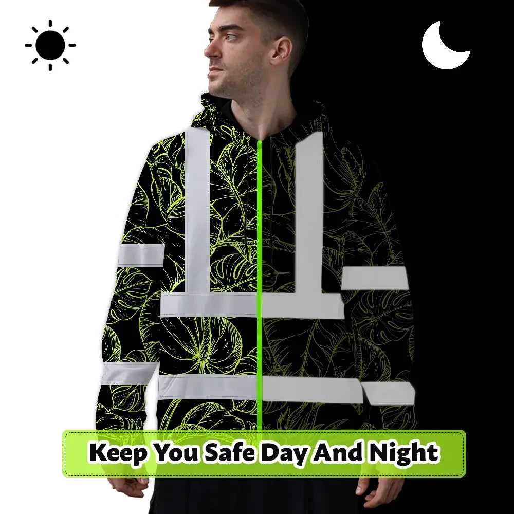 Hi Vis Hoodie Reflective Tapes Lime Neon Flowers Custom Name Safety Workwear For Workers, Truckers, Operators