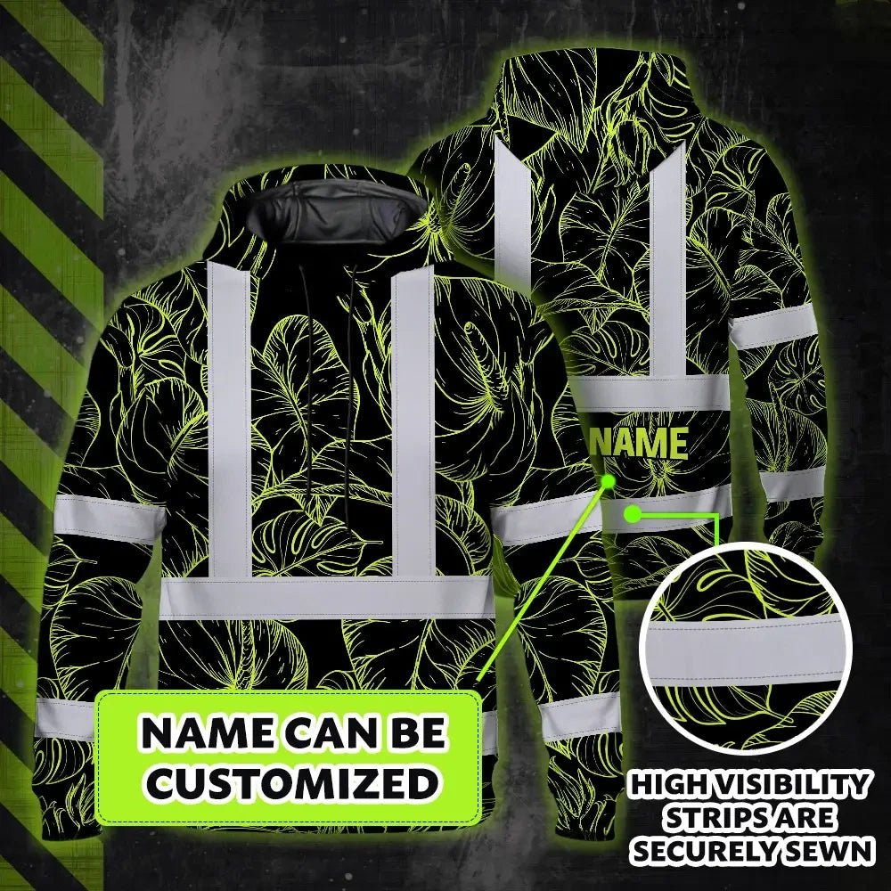 Hi Vis Hoodie Reflective Tapes Lime Neon Flowers Custom Name Safety Workwear For Workers, Truckers, Operators