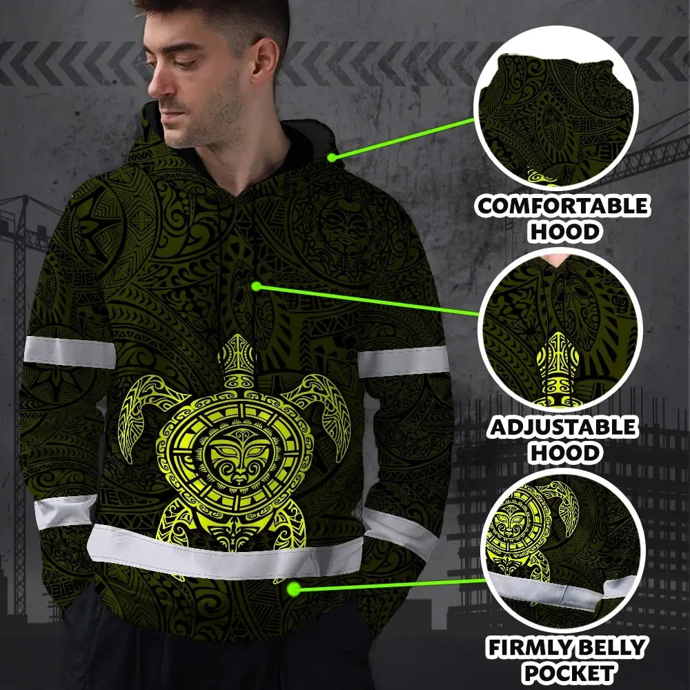Hi Vis Hoodie Reflective Tapes Lime Neon Hawaii Turtle Custom Name Safety Workwear For Workers, Truckers, Operators