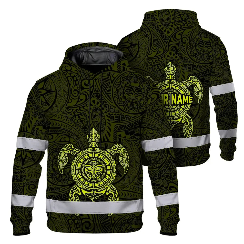 Hi Vis Hoodie Reflective Tapes Lime Neon Hawaii Turtle Custom Name Safety Workwear For Workers, Truckers, Operators