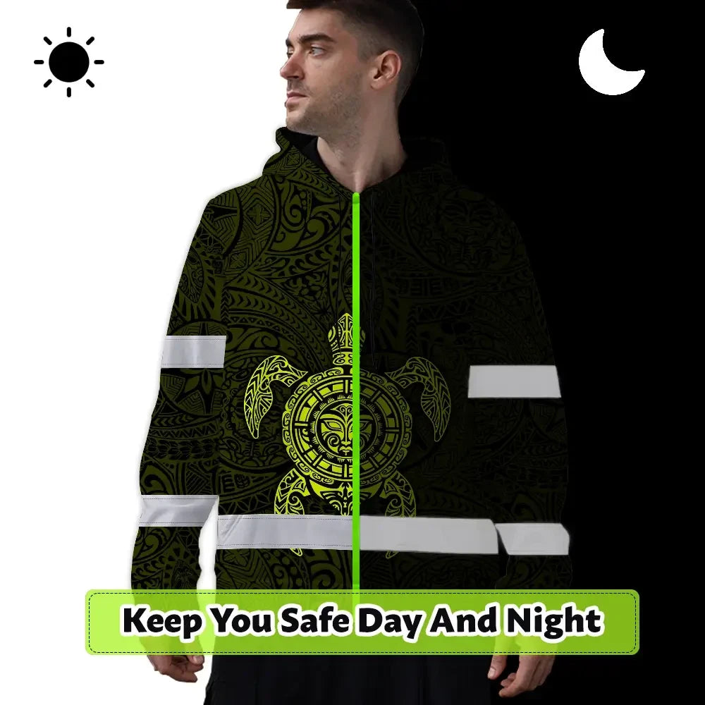 Hi Vis Hoodie Reflective Tapes Lime Neon Hawaii Turtle Custom Name Safety Workwear For Workers, Truckers, Operators