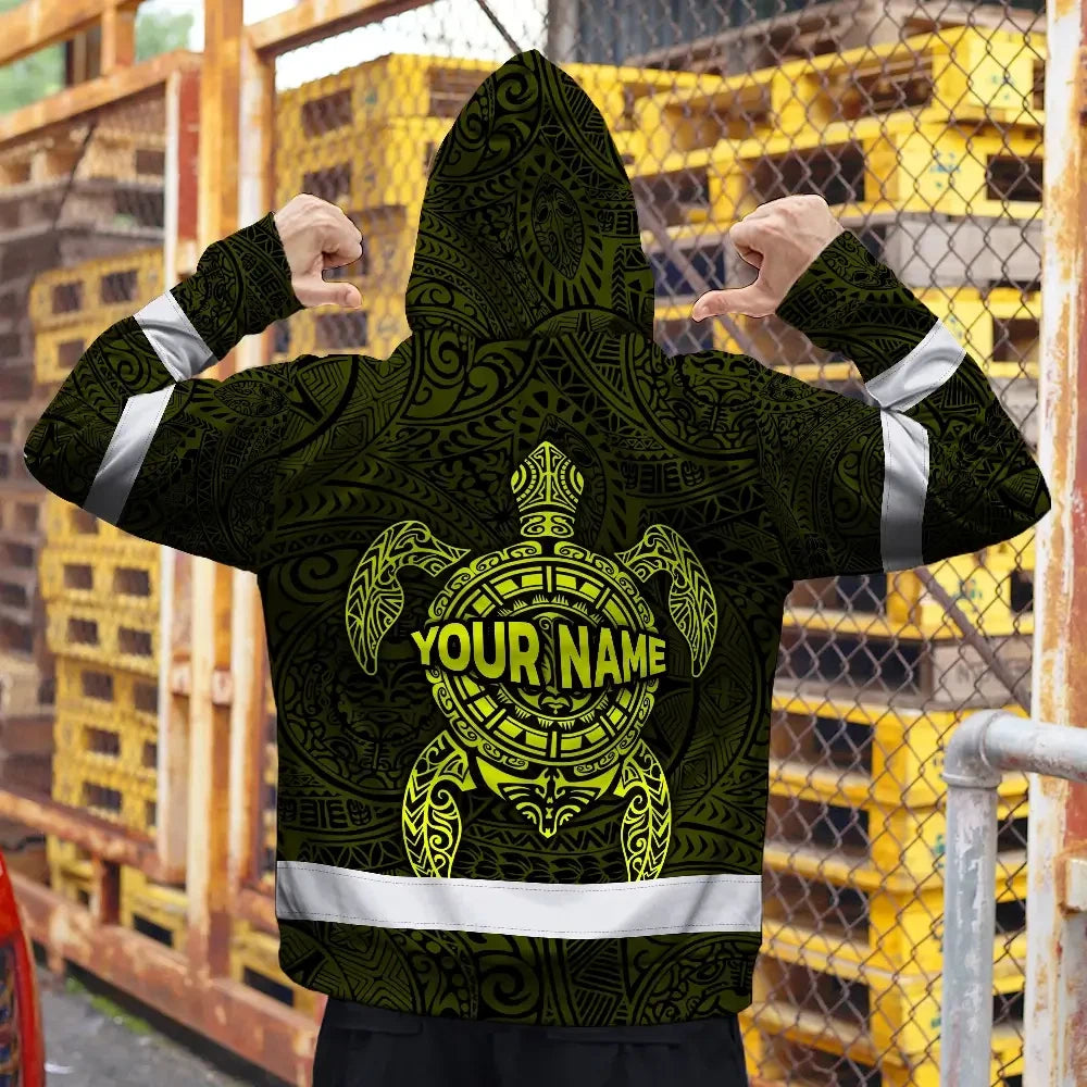 Hi Vis Hoodie Reflective Tapes Lime Neon Hawaii Turtle Custom Name Safety Workwear For Workers, Truckers, Operators