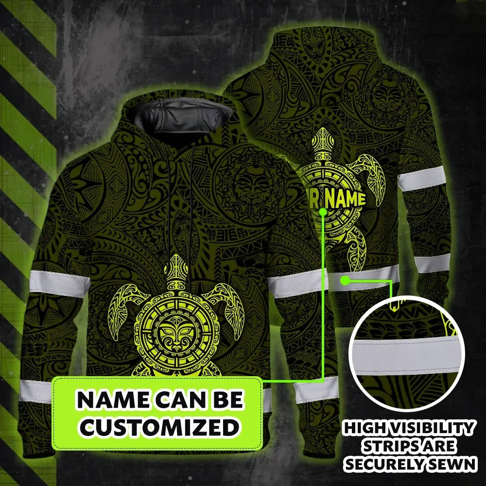 Hi Vis Hoodie Reflective Tapes Lime Neon Hawaii Turtle Custom Name Safety Workwear For Workers, Truckers, Operators