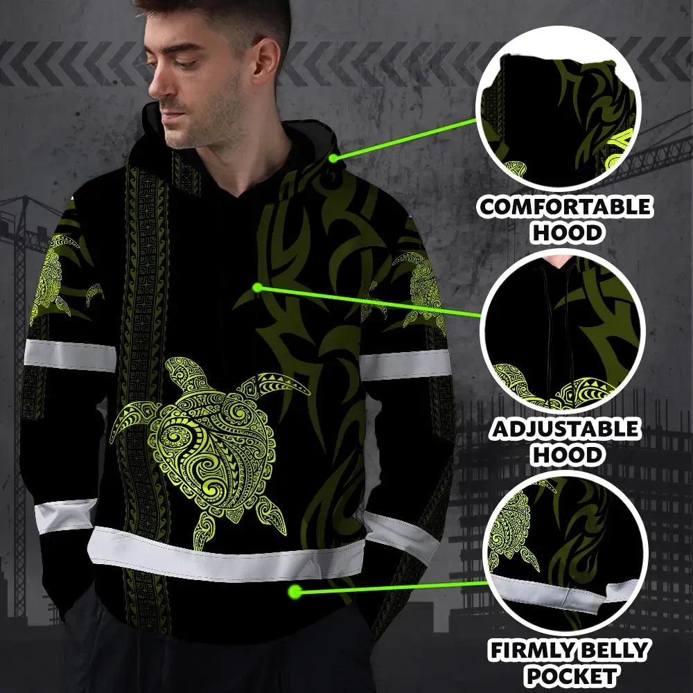 Hi Vis Hoodie Reflective Tapes Lime Neon Hawaiian Polynesian Tribal Custom Name Safety Workwear For Workers, Truckers, Operators