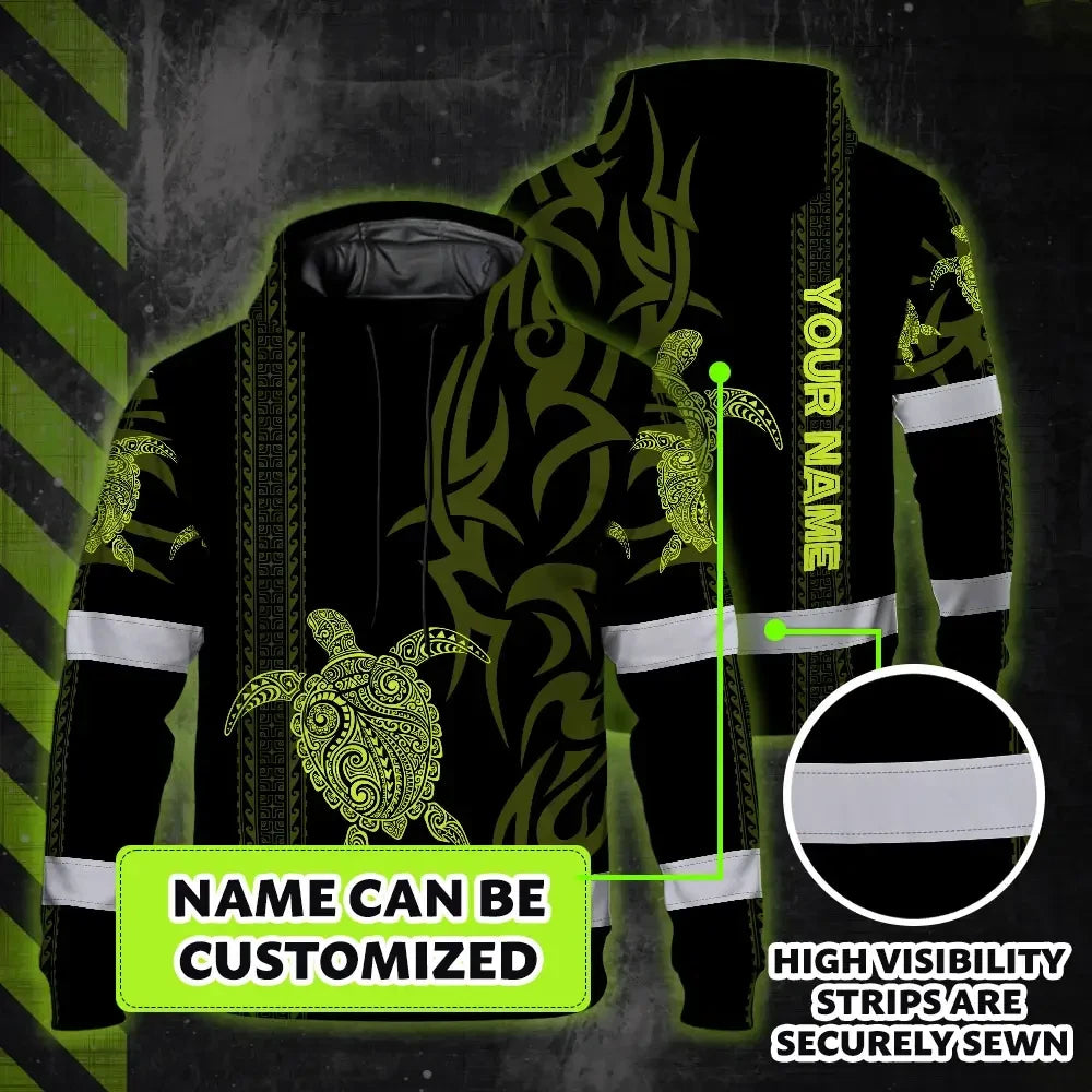 Hi Vis Hoodie Reflective Tapes Lime Neon Hawaiian Polynesian Tribal Custom Name Safety Workwear For Workers, Truckers, Operators