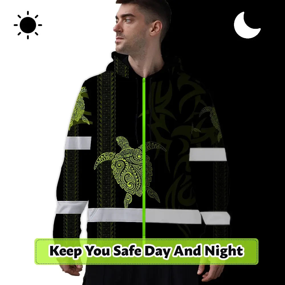 Hi Vis Hoodie Reflective Tapes Lime Neon Hawaiian Polynesian Tribal Custom Name Safety Workwear For Workers, Truckers, Operators