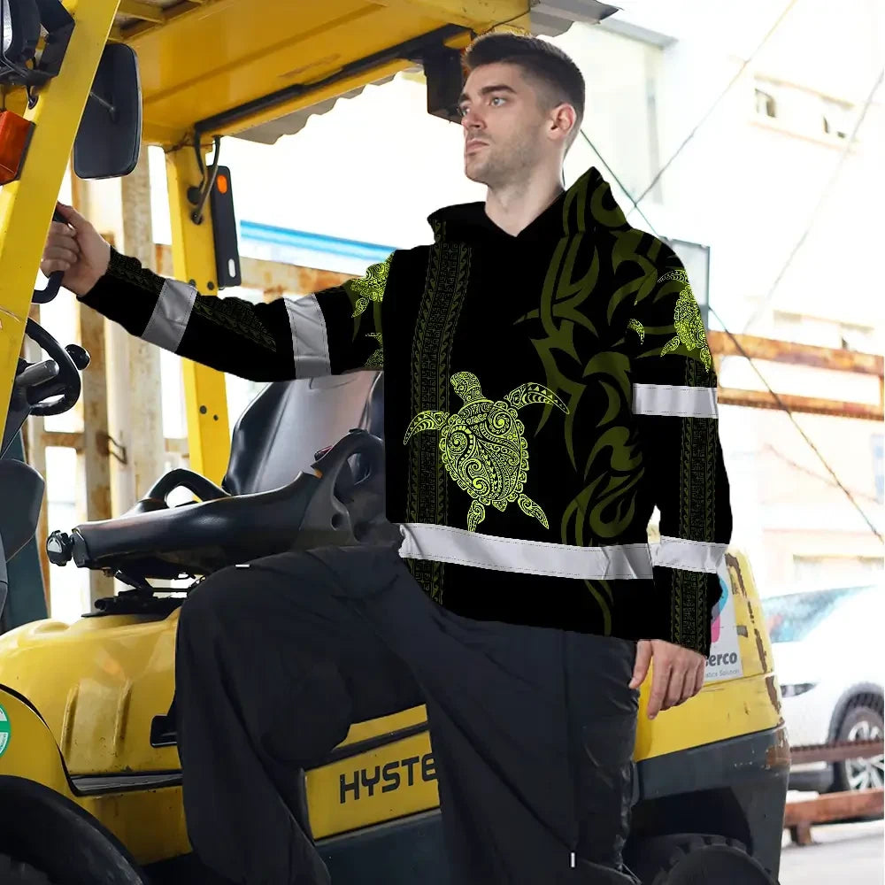 Hi Vis Hoodie Reflective Tapes Lime Neon Hawaiian Polynesian Tribal Custom Name Safety Workwear For Workers, Truckers, Operators