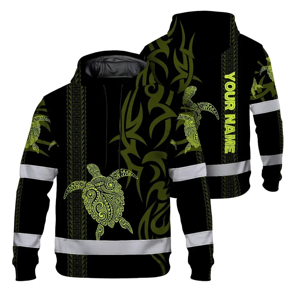 Hi Vis Hoodie Reflective Tapes Lime Neon Hawaiian Polynesian Tribal Custom Name Safety Workwear For Workers, Truckers, Operators