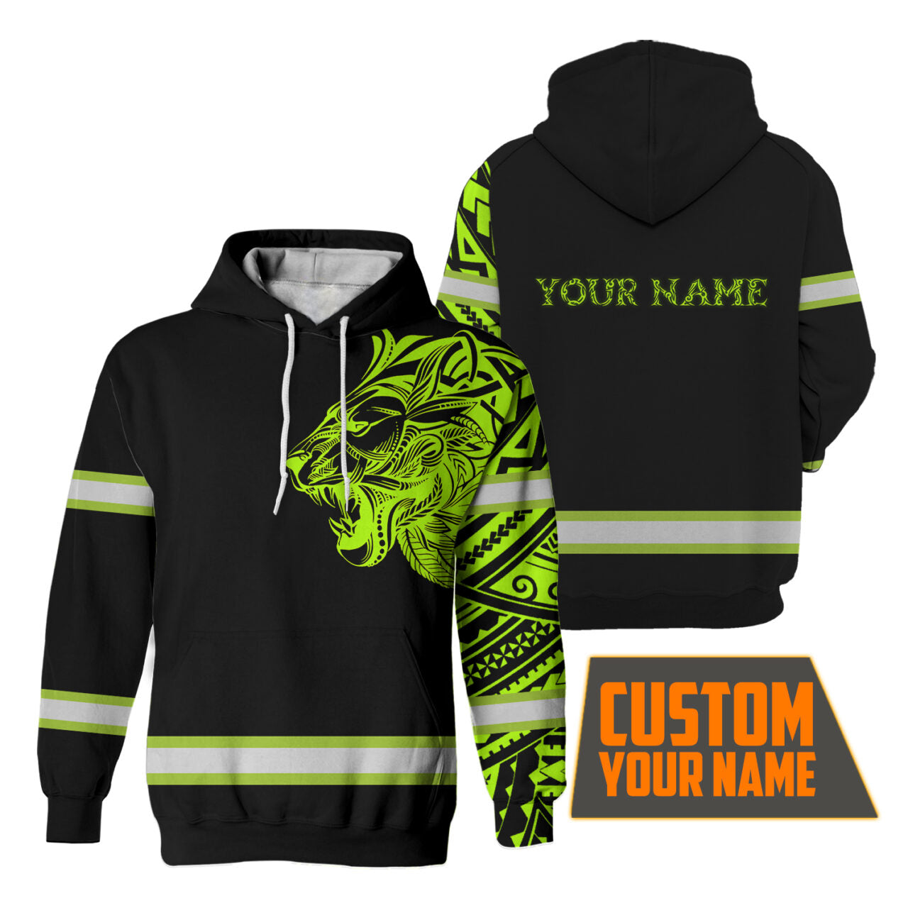 Hi Vis Hoodie Reflective Tapes Lion Hawaiian Polynesian Tribal Custom Name Safety Workwear For Workers, Runners, Cyclists