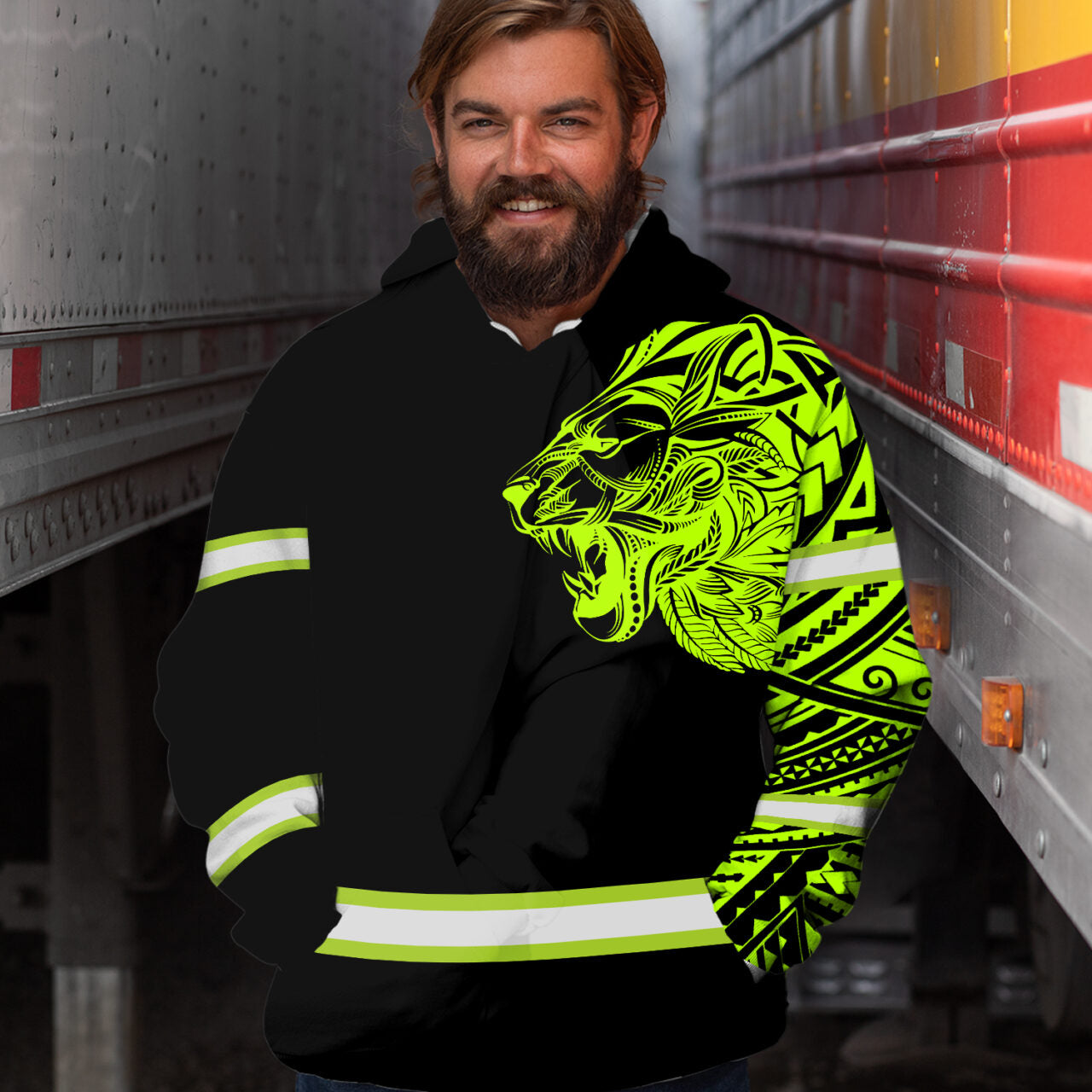 Hi Vis Hoodie Reflective Tapes Lion Hawaiian Polynesian Tribal Custom Name Safety Workwear For Workers, Runners, Cyclists