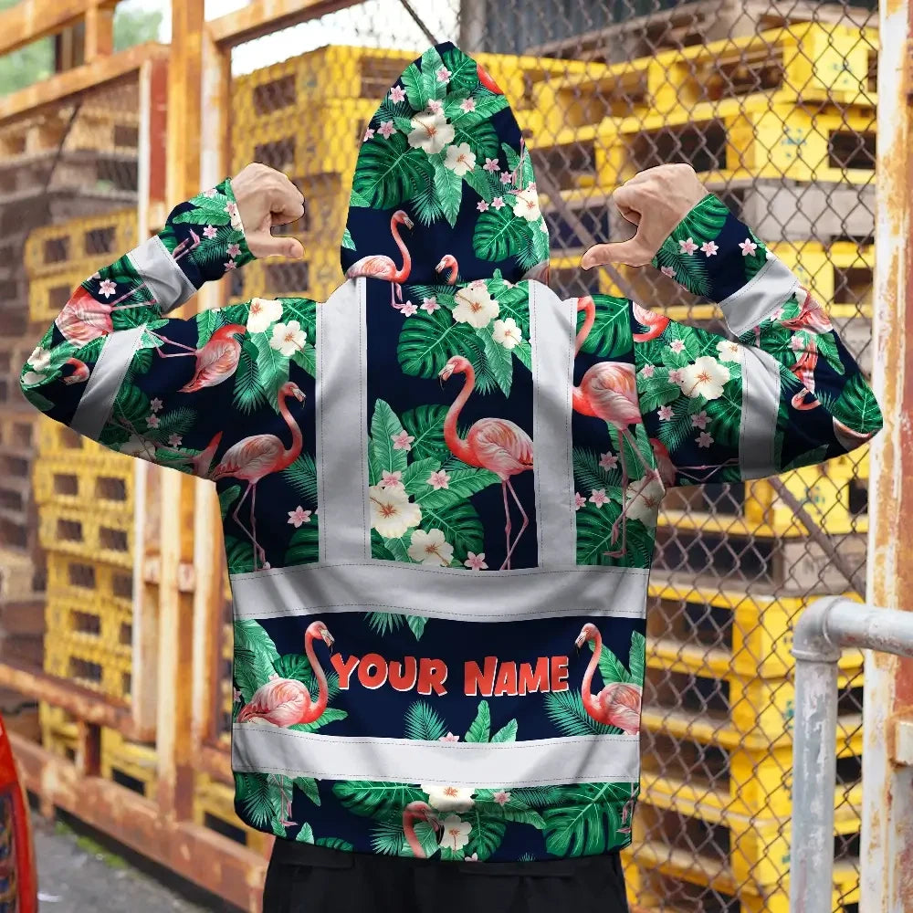 Hi Vis Hoodie Reflective Tapes Neon Pink Flowers 2 Custom Name Safety Workwear For Workers, Truckers, Operators