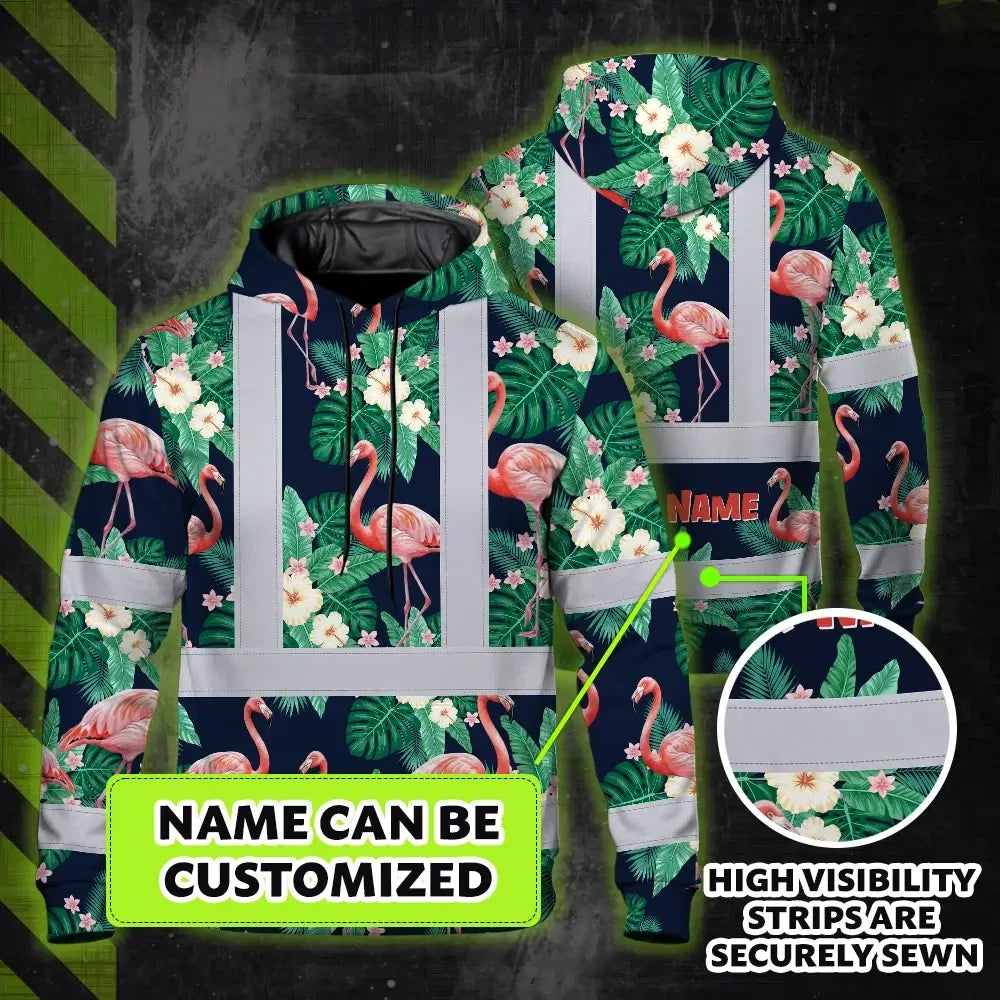 Hi Vis Hoodie Reflective Tapes Neon Pink Flowers 2 Custom Name Safety Workwear For Workers, Truckers, Operators