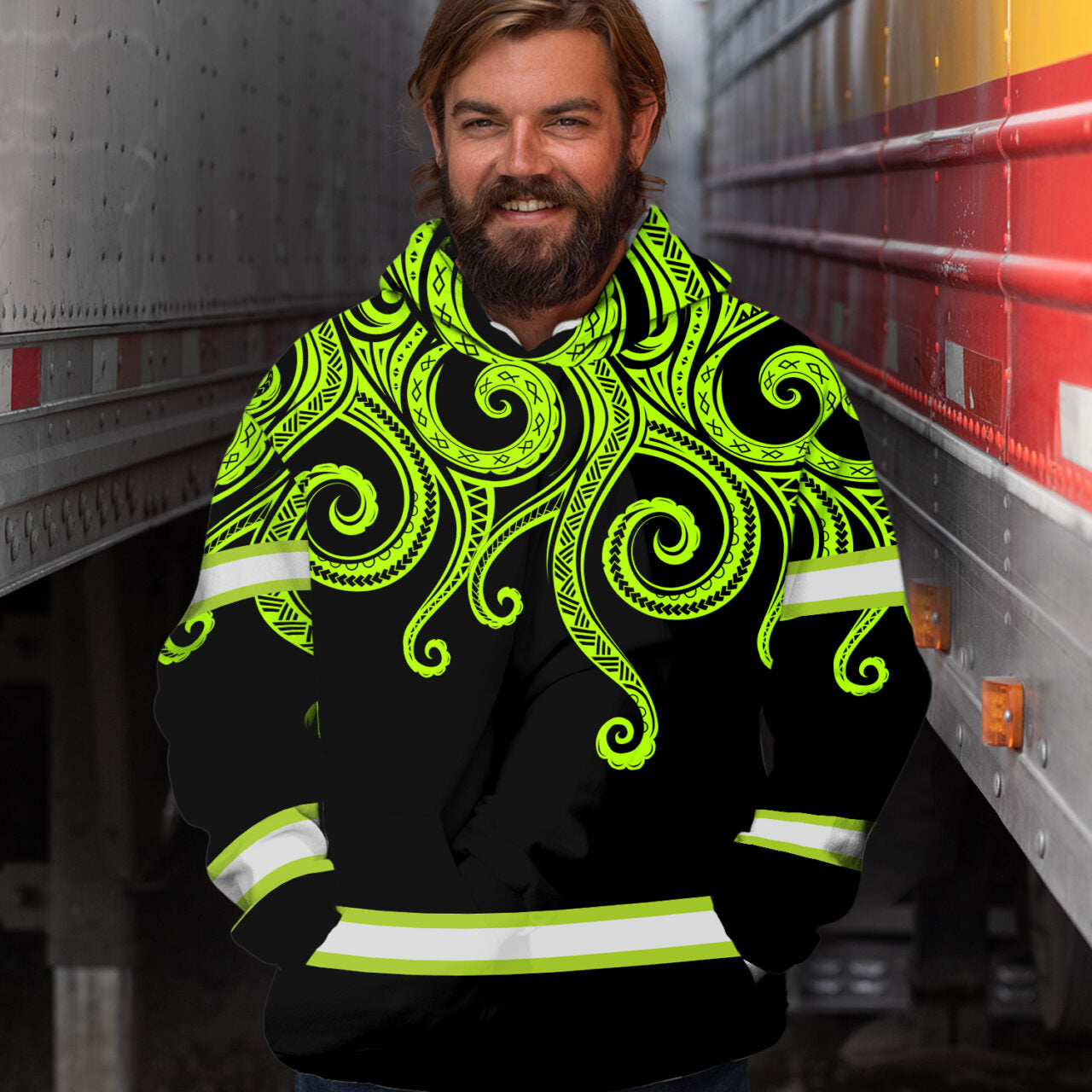 Hi Vis Hoodie Reflective Tapes Octopus Hawaiian Polynesian Tribal Custom Name Safety Workwear