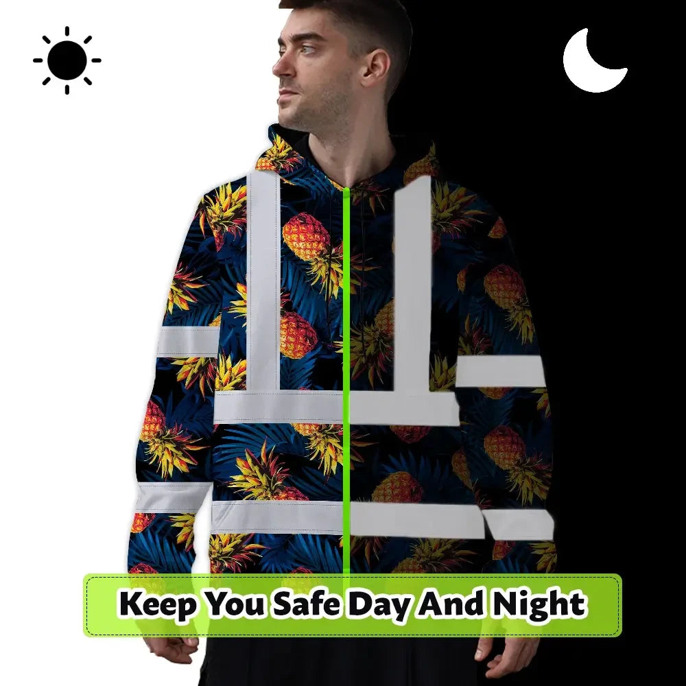 Hi Vis Hoodie Reflective Tapes Orange Neon And Dark Blue Custom Name Safety Workwear For Workers, Truckers, Operators
