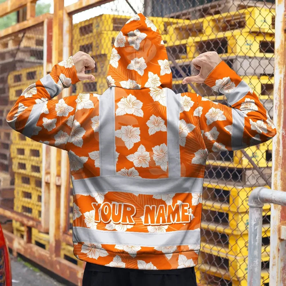 Hi Vis Hoodie Reflective Tapes Orange Neon Flowers 2 Custom Name Safety Workwear For Workers, Truckers, Operators