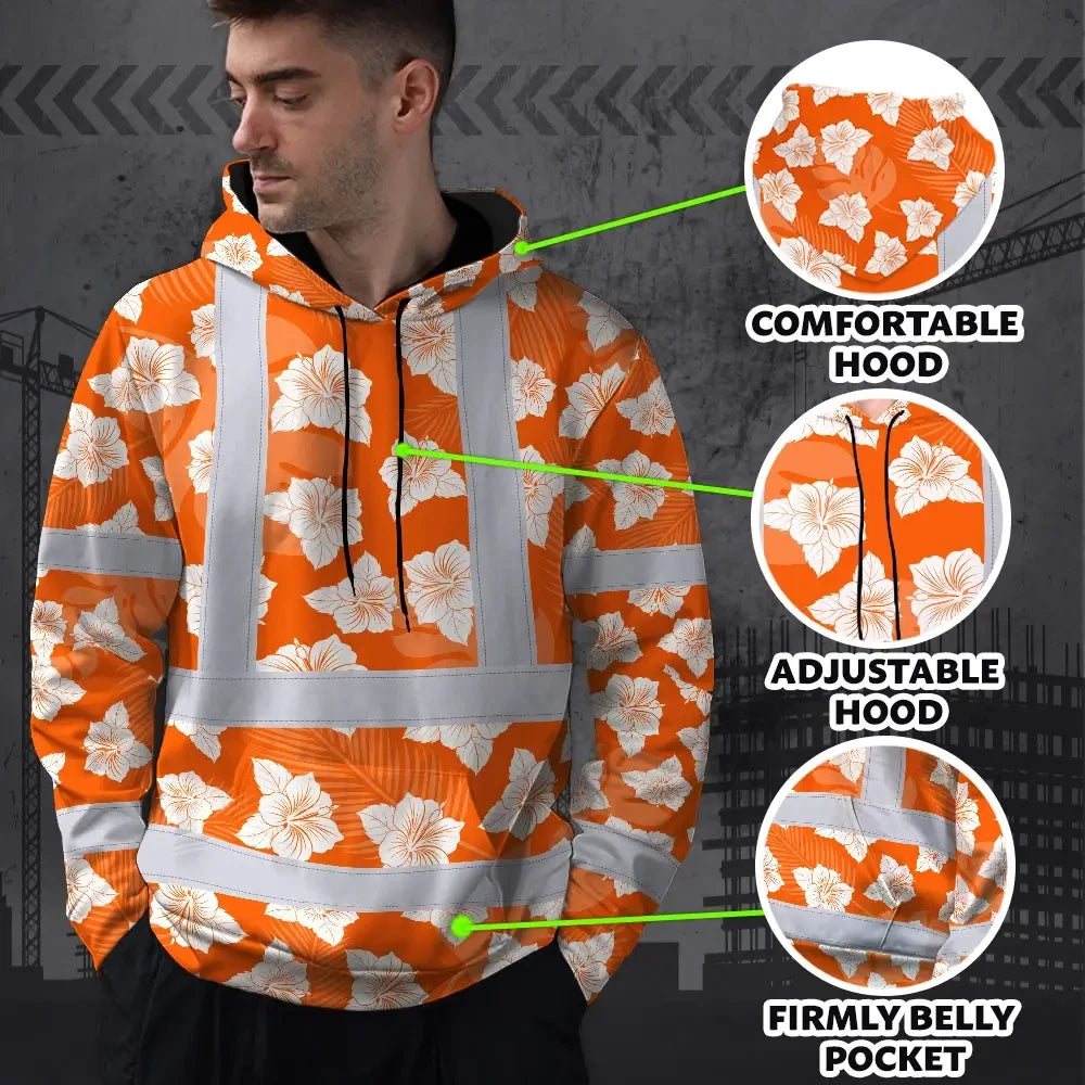 Hi Vis Hoodie Reflective Tapes Orange Neon Flowers 2 Custom Name Safety Workwear For Workers, Truckers, Operators