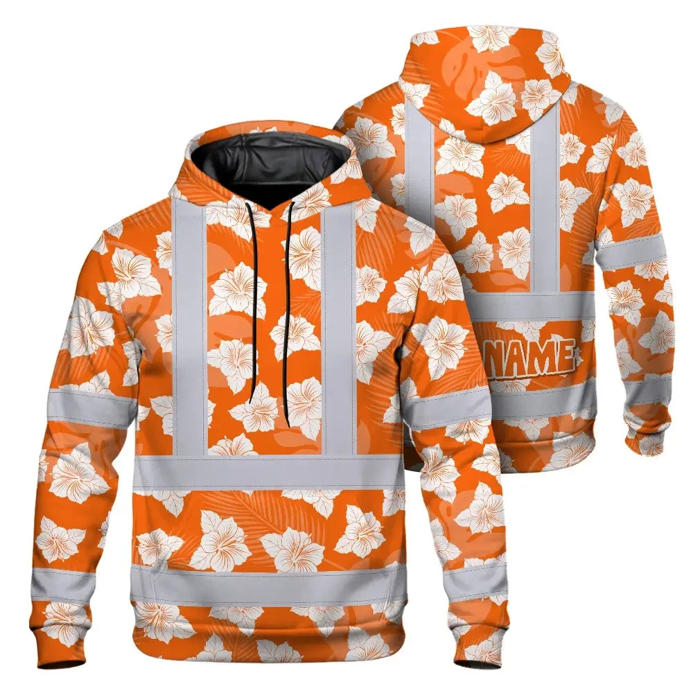 Hi Vis Hoodie Reflective Tapes Orange Neon Flowers 2 Custom Name Safety Workwear For Workers, Truckers, Operators