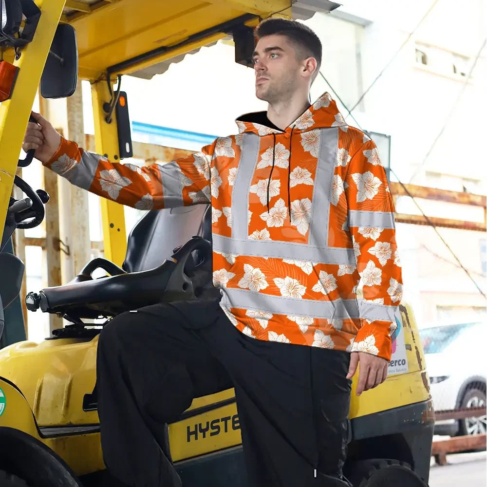 Hi Vis Hoodie Reflective Tapes Orange Neon Flowers 2 Custom Name Safety Workwear For Workers, Truckers, Operators
