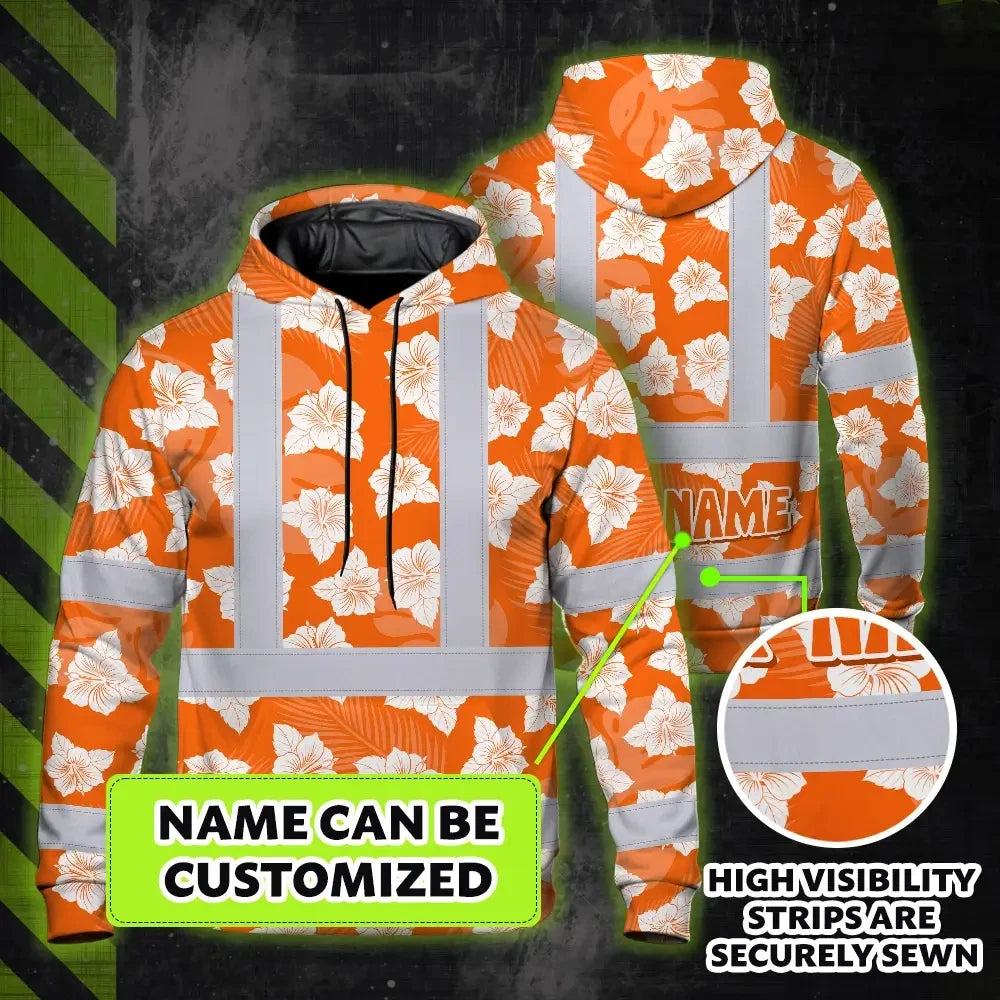 Hi Vis Hoodie Reflective Tapes Orange Neon Flowers 2 Custom Name Safety Workwear For Workers, Truckers, Operators