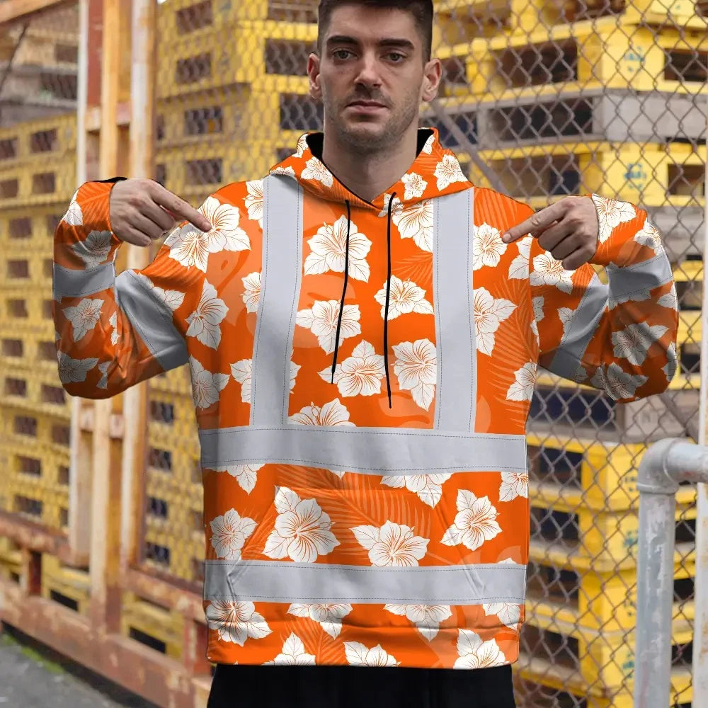 Hi Vis Hoodie Reflective Tapes Orange Neon Flowers 2 Custom Name Safety Workwear For Workers, Truckers, Operators