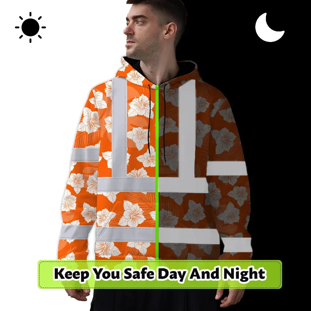Hi Vis Hoodie Reflective Tapes Orange Neon Flowers 2 Custom Name Safety Workwear For Workers, Truckers, Operators