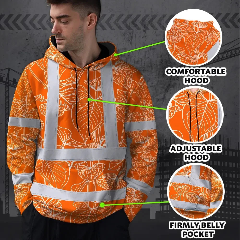 Hi Vis Hoodie Reflective Tapes Orange Neon Flowers Custom Name Safety Workwear For Workers, Truckers, Operators