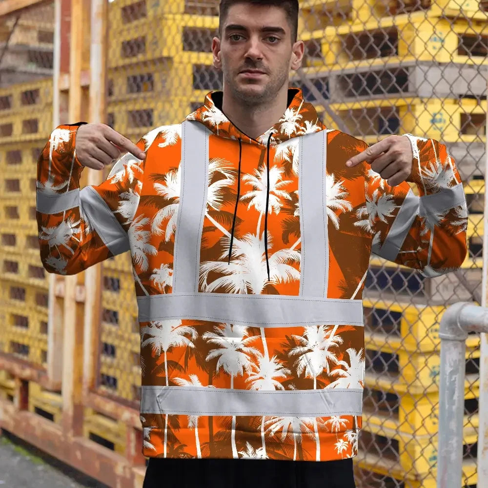 Hi Vis Hoodie Reflective Tapes Orange Neon Flowers Custom Name Safety Workwear For Workers, Truckers, Operators