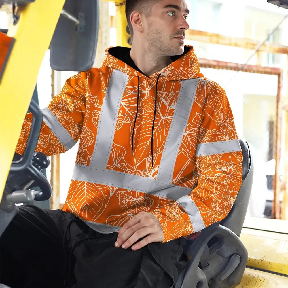 Hi Vis Hoodie Reflective Tapes Orange Neon Flowers Custom Name Safety Workwear For Workers, Truckers, Operators