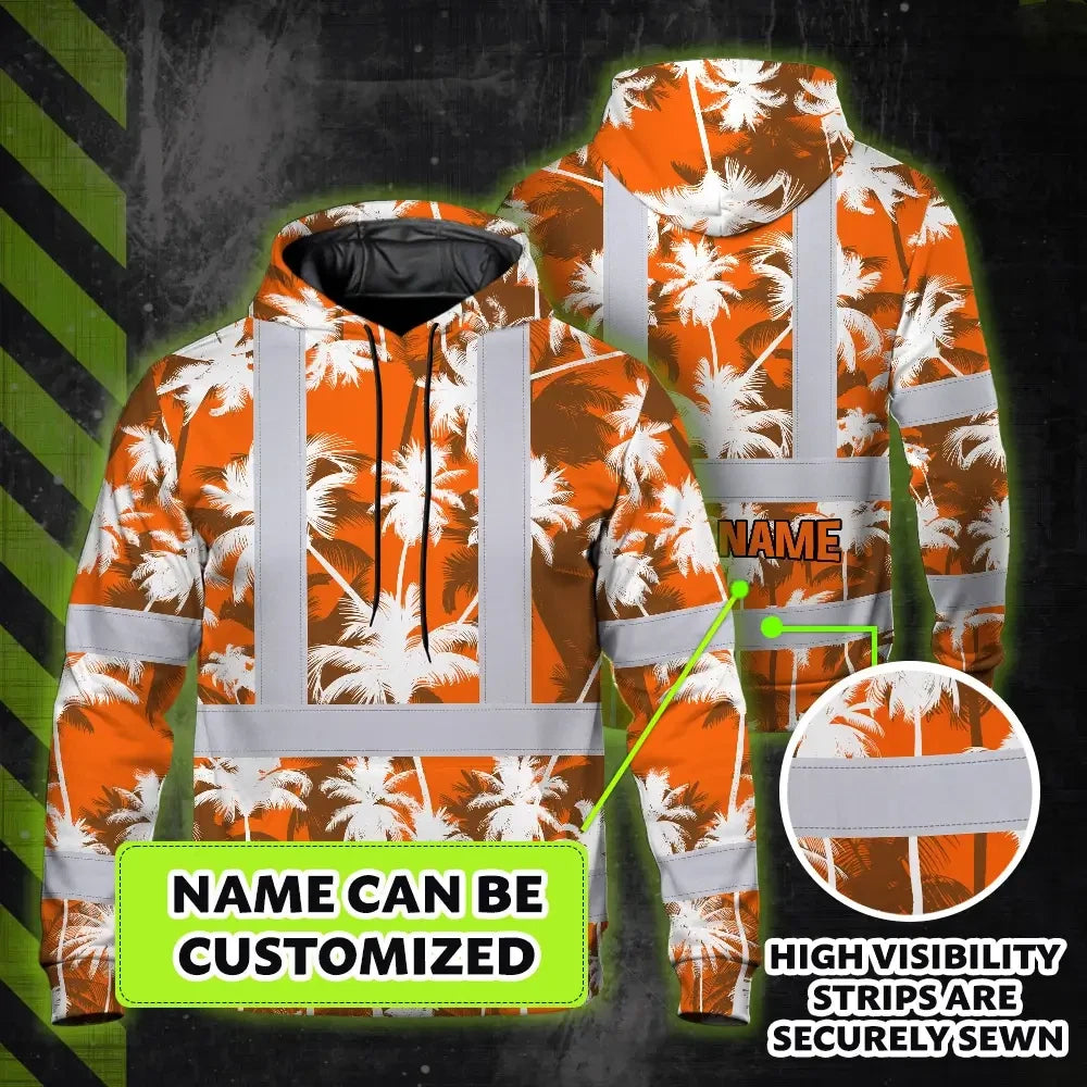 Hi Vis Hoodie Reflective Tapes Orange Neon Flowers Custom Name Safety Workwear For Workers, Truckers, Operators