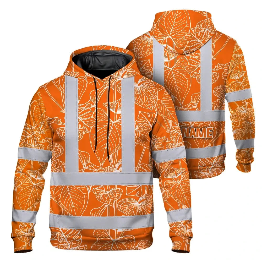 Hi Vis Hoodie Reflective Tapes Orange Neon Flowers Custom Name Safety Workwear For Workers, Truckers, Operators