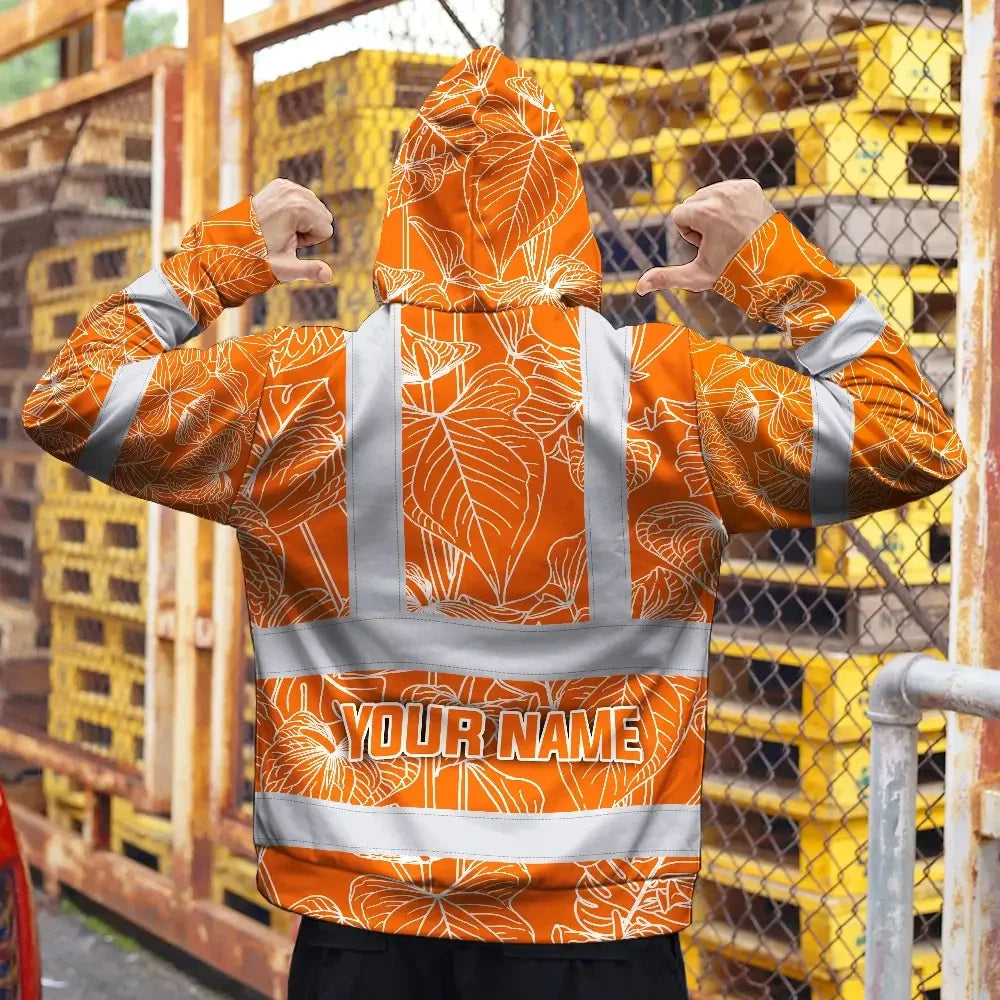 Hi Vis Hoodie Reflective Tapes Orange Neon Flowers Custom Name Safety Workwear For Workers, Truckers, Operators