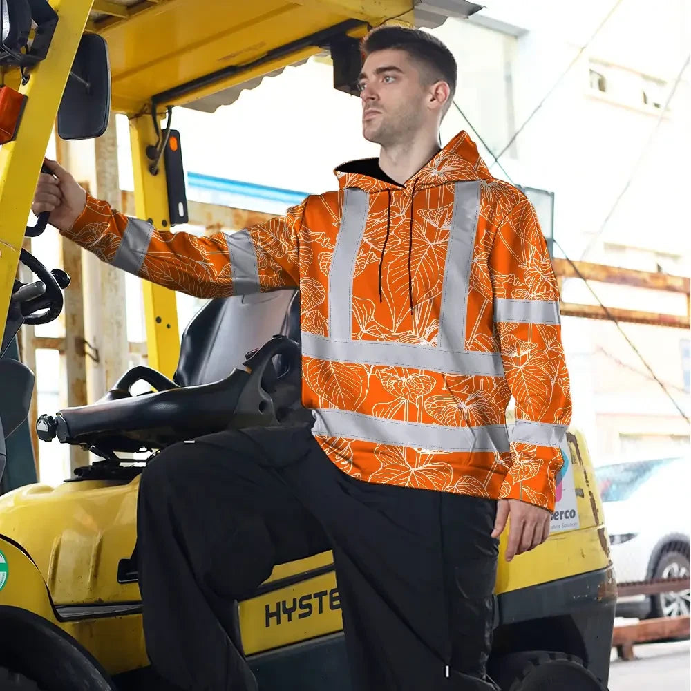 Hi Vis Hoodie Reflective Tapes Orange Neon Flowers Custom Name Safety Workwear For Workers, Truckers, Operators