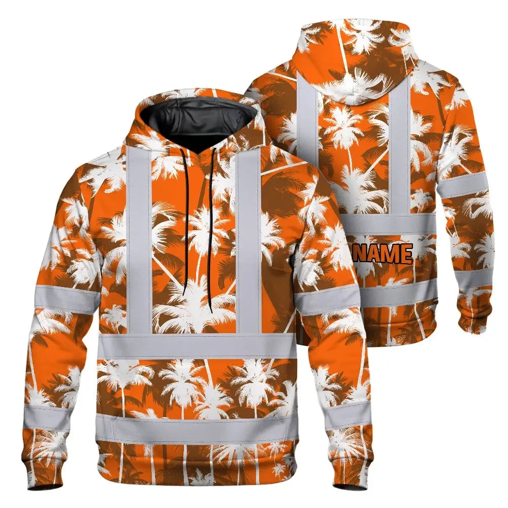 Hi Vis Hoodie Reflective Tapes Orange Neon Flowers Custom Name Safety Workwear For Workers, Truckers, Operators