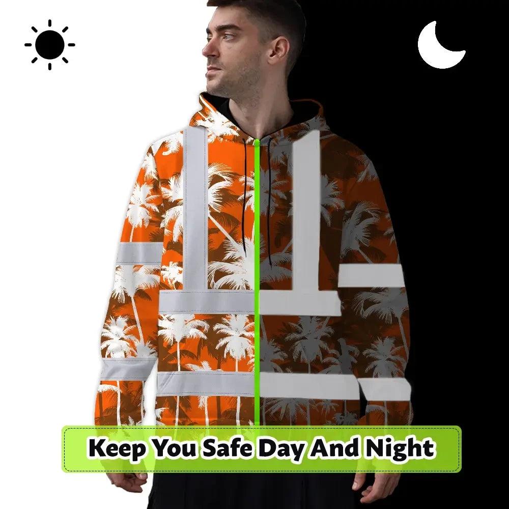 Hi Vis Hoodie Reflective Tapes Orange Neon Flowers Custom Name Safety Workwear For Workers, Truckers, Operators