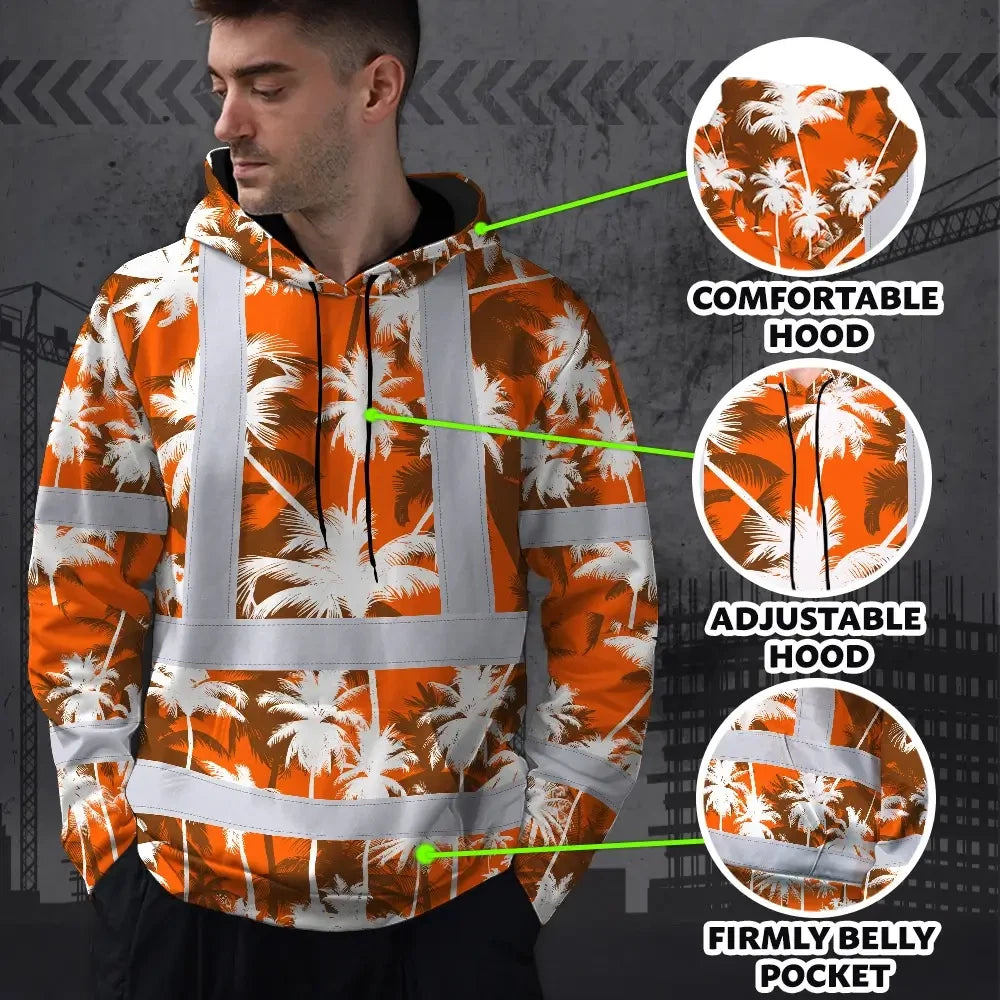 Hi Vis Hoodie Reflective Tapes Orange Neon Flowers Custom Name Safety Workwear For Workers, Truckers, Operators