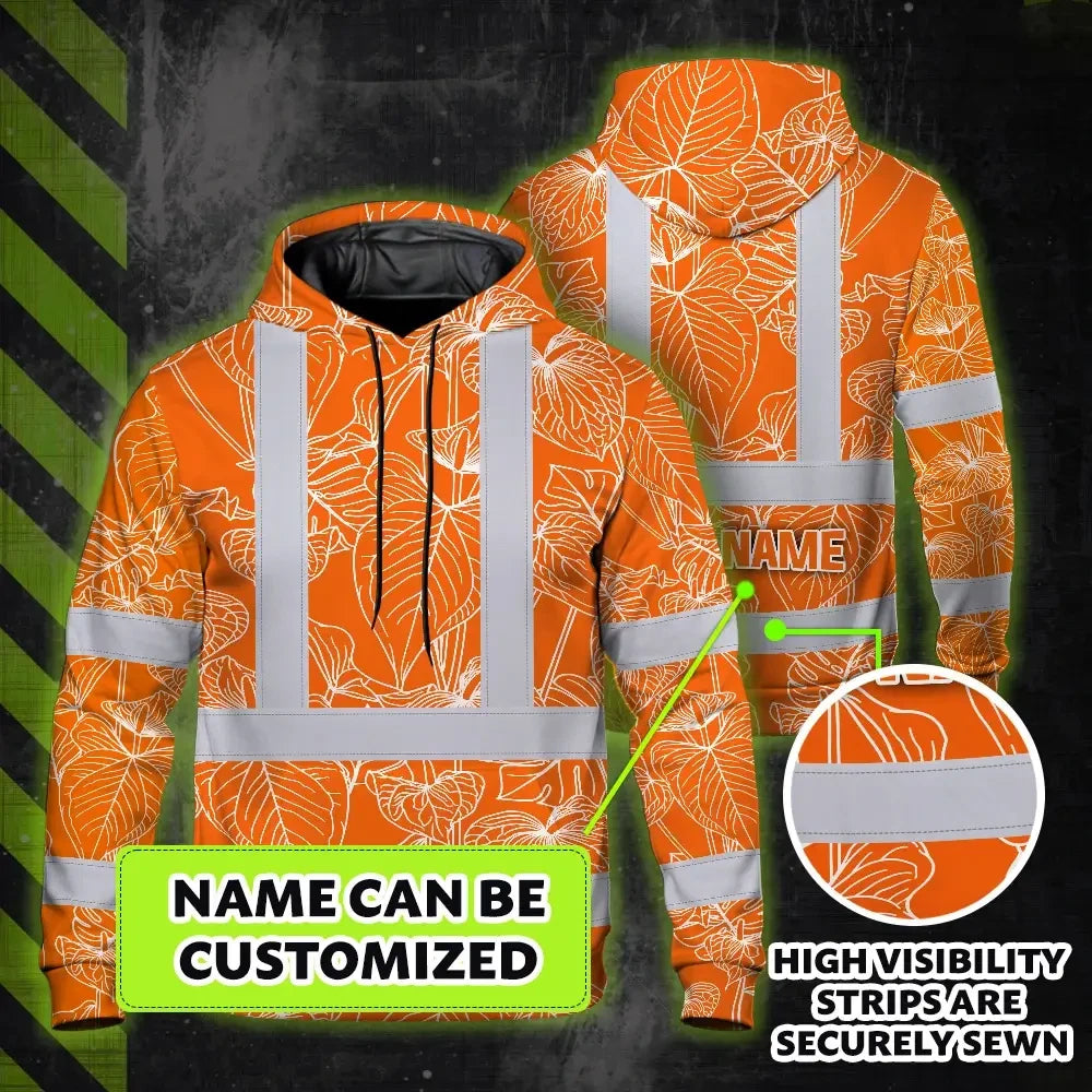 Hi Vis Hoodie Reflective Tapes Orange Neon Flowers Custom Name Safety Workwear For Workers, Truckers, Operators