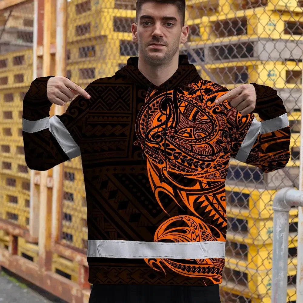 Hi Vis Hoodie Reflective Tapes Orange Neon Hawaiian Polynesian Tribal Custom Name Safety Workwear For Workers, Truckers, Operators