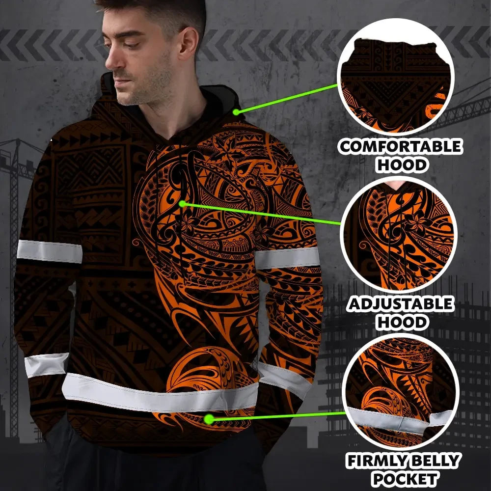 Hi Vis Hoodie Reflective Tapes Orange Neon Hawaiian Polynesian Tribal Custom Name Safety Workwear For Workers, Truckers, Operators
