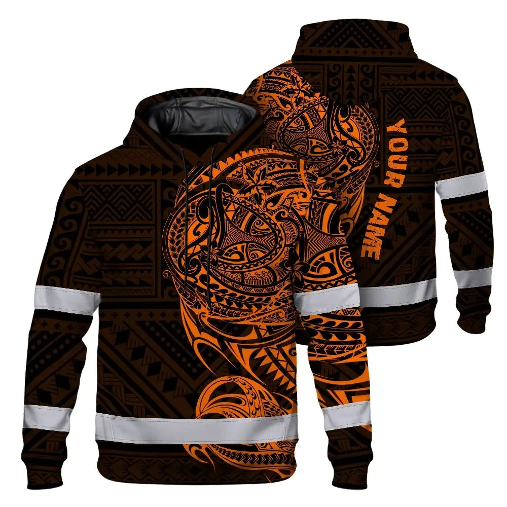 Hi Vis Hoodie Reflective Tapes Orange Neon Hawaiian Polynesian Tribal Custom Name Safety Workwear For Workers, Truckers, Operators