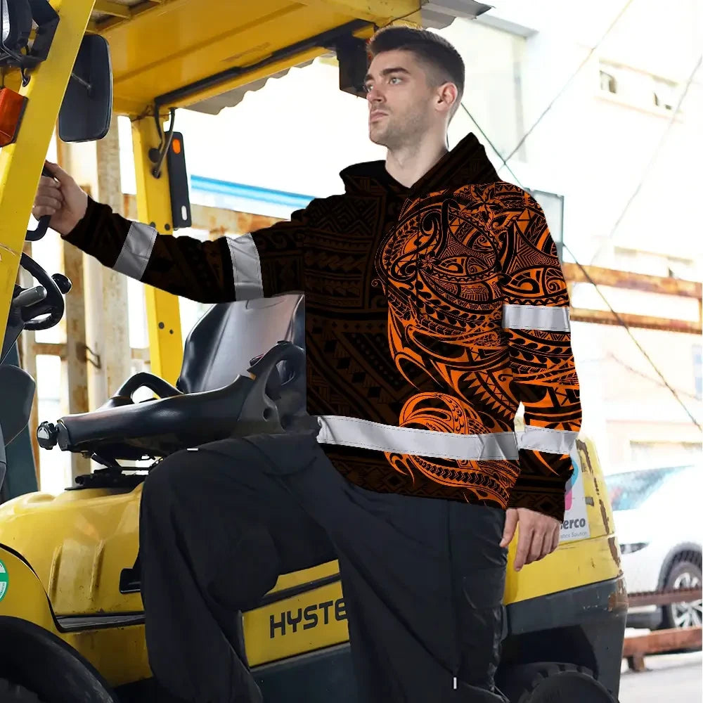 Hi Vis Hoodie Reflective Tapes Orange Neon Hawaiian Polynesian Tribal Custom Name Safety Workwear For Workers, Truckers, Operators