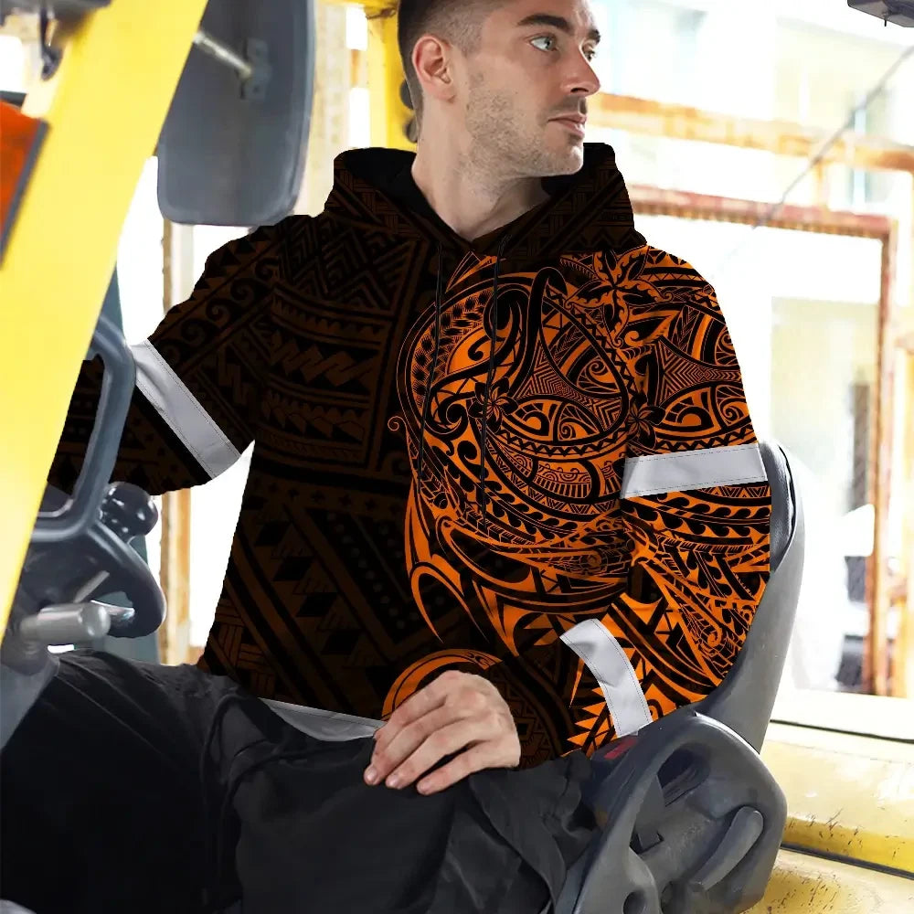 Hi Vis Hoodie Reflective Tapes Orange Neon Hawaiian Polynesian Tribal Custom Name Safety Workwear For Workers, Truckers, Operators